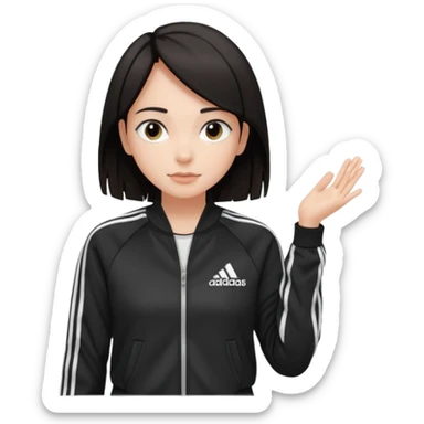 A girl with  medium-length, dark hair, fair skin. The style is a soft, layered cut that falls around her shoulders. wore black Adidas track jacket with white stripes on the sleeves. It has a full zipper down the front, a stand-up collar, and the Adidas logo on the right chest emoji sticker
