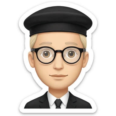 Jewish man with glasses, black suit, payot, kippah sticker
