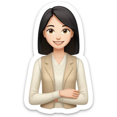 A woman with light to medium-toned skin, black shoulder-length straight hair, almond-shaped eyes, joyful smile, wearing a white long-sleeve top and a light beige sleeveless open-front vest, exuding warmth and elegance. sticker