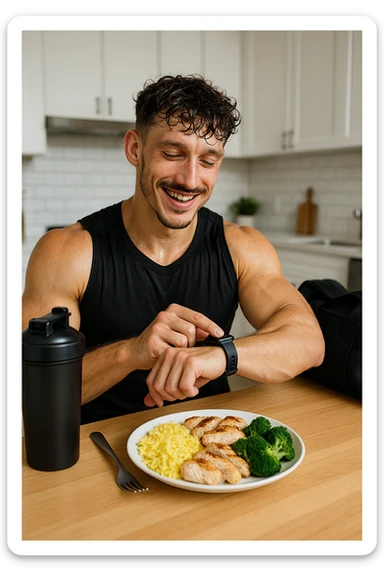 a fit man in his 30s, still in gym clothes and slightly sweaty, sits at a kitchen table right after a workout. In front of him is a balanced meal with a generous portion of rice, pasta, or potatoes, along with lean protein and vegetables. He checks his watch or a fitness app, smiling with satisfaction as he times his post-workout meal. The background is a bright, modern kitchen, with a shaker bottle and gym bag visible. in italiano sticker