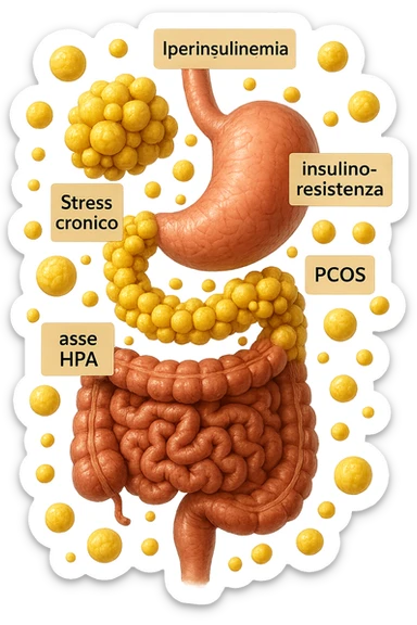 STOMACO E INTESTINO SONO VERTICALMENTE COLLEGATI E INTORNO A QUESTI ORGANI CI SONO CELLULE DI GRASSO GIALLE ATTACCATE SOPRA A GRAPPOLI, intorno fluttuano cellule di grasso giallo e alcune targhette con queste parole "Iperinsulinemia", "insulino-resistenza", "PCOS", "Stress cronico", "asse HPA", IPERREALISTICO 4K sticker