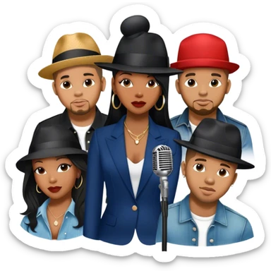 Icon for R&B Music: collage of R&B artists—Victoria Monét, Summer Walker, Usher, Chris Brown, and Muni Long. Each represented by a silhouette or symbolic item like a microphone, fedora, or music notes, reflecting the soul and energy of R&B. Transparent background. sticker