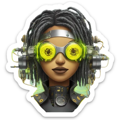 Neon yellow bobbed hair Latina female cyborg head with silver steampunk goggles and circuits sticker