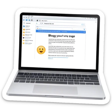 Create an emoji representing blogging as a form of content creation. The design should feature a laptop or desktop computer with an open blog page on the screen, showing visible text and perhaps a photo or graphic. Make the background transparent. sticker