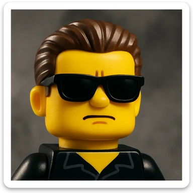Transform this face into a LEGO minifigure style with yellow LEGO skin tone and blocky features, keeping the sunglasses and slicked-back hair. The style should resemble the iconic LEGO minifigure look. sticker