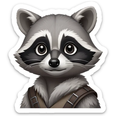 Cinematic-Noble-Raccoon-Portrait-Emoji – Poised and confident, with a sturdy build and a beautifully textured fur of silver-grey accented by dark black facial markings, deep-set, large big black eyes revealing no white, simplified yet sharp and sophisticated zoom out to show shoulders sticker