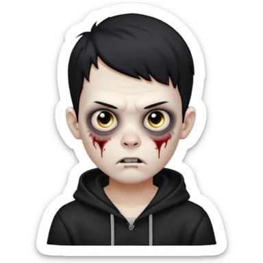 Zombie boy with the short black hair, pale-white skin, black eyes, little fangs and dark circles under his eyes. He has serious face and he wear a black hoodie sticker
