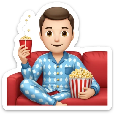 male memoji, lazy man in pajamas, lying on couch, holding TV remote, relaxed face, casual home vibe, popcorn bucket sticker