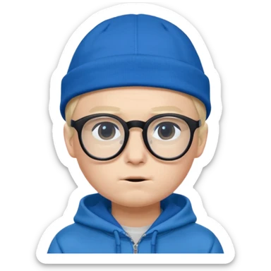 a shy boy wearing thick black glasses (nerd) and hide all his hair under a blue cap, wearing a normal hoodie (ios memoji) sticker