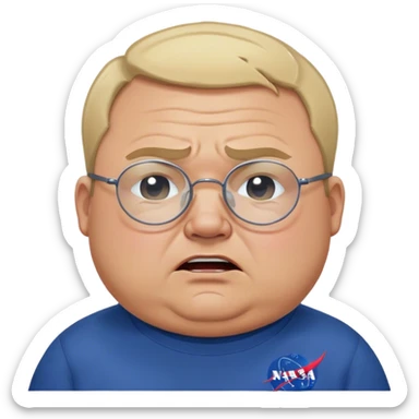 angry chubby man, crying like a kid, with blond short and hight receding hairline, wears a dark blue sweatshirt, nasa logo on the sweatshirt, round glasses without frame, 40 years old sticker