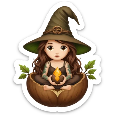 cute forest witch woman long wavy brown hair tattoos sitting inside acorn sticker