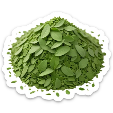 pile of finely crumbled green herb flakes, irregular airy shape, dusty uneven texture, natural color variation from sage to dark green, no extras, apple emoji style, soft lighting, subtle shadows, emoji scale sticker