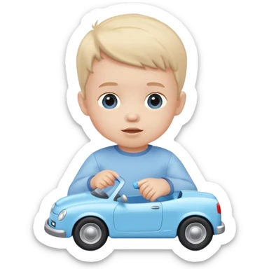 cute toddler boy with pastel blue clothes playing with a blue toy car sticker