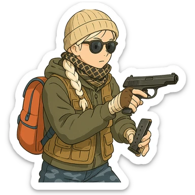 1 female, long white braid, knit cap, dark sunglasses, shemegh neckwrap, fishing vest, vibrant shool backpack, drab hoodie, handwraps, blue camo pants, executing a tactical reload of a makarov pistola sticker