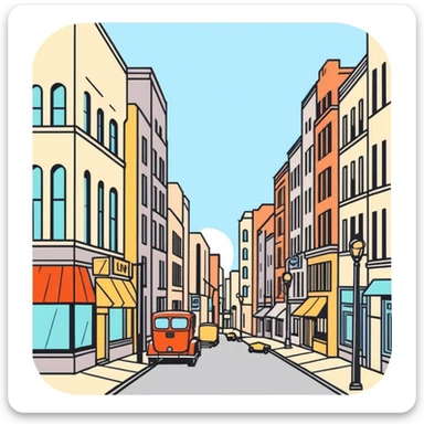 retro 1930s city street scene with anthropomorphised animals in t-shirts and shorts walking, black and white sticker