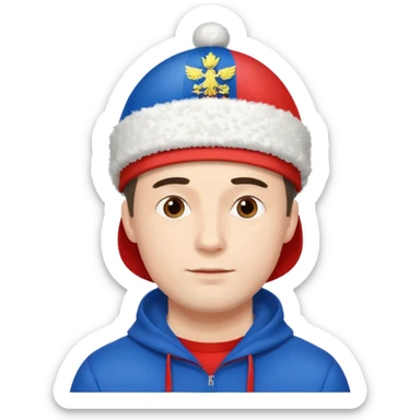 A guy with a Russia flag hat and Russia flag confetti sticker