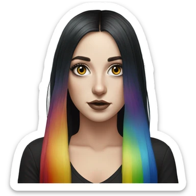 Hyperrealistic white girl with blue eyes and long black hair with rainbow fringe. Wearing black crop top and has dark eye makeup on her eyes sticker