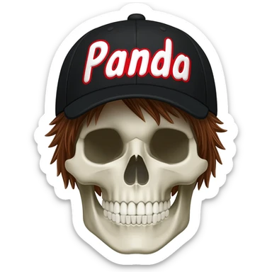Create a skeleton head wearing a black baseball cap that says " Panda " in Red, and white lettering, with brown hair sticker