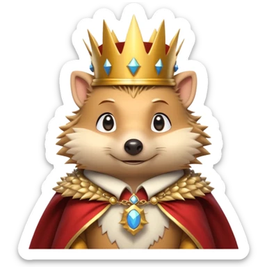 king hedgehog portrait, head and shoulders only, wearing a small golden crown, royal cape collar, proud confident expression, cute spiky fur details, fantasy royal vibe, 3D cartoon, mobile game icon style, clean background, no text, no watermark
 sticker