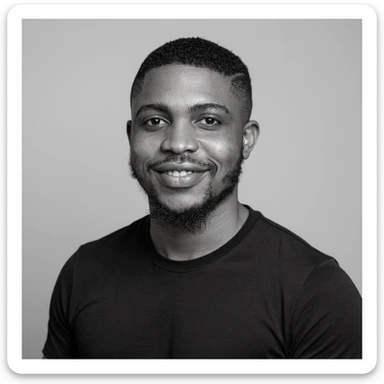 A professional portrait of me in monochrome. Plain black crew neck shirt. Tailored to LinkedIn. Tech boy vibe (programmer). I’m a black man from Nigeria. Retain facial features from attached image. Make face smoothie and healthy. No accessories. Light gray background to make subject more visible. sticker