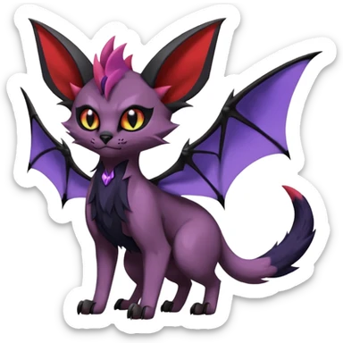 Black edgy Noivern-Noibat-Purloin-Torracat-Lykoi-Caracal-cat-Fakemon-fusion-hybrid-creature with with tufted ears, tufted tail, bat wings as ears, head wings, ear wings, vampiric, batty, violet and red scale markings sticker
