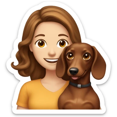 White girl with long brown hair holding a dachshund and smiling sticker