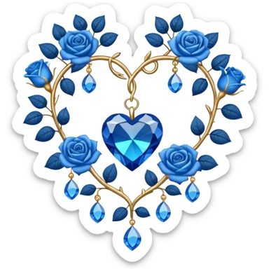heart shape silver vine with blue roses border with gold and blue crystals hanging  sticker