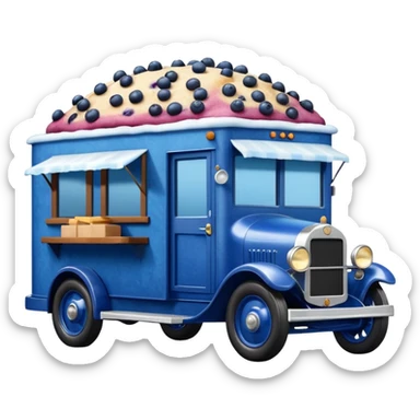 shiny crushed-dark-blue crystal-bodied frozen blueberry muffin pie 1912 antique long-wheelbase cab over durable-looking low rider moving truck food truck  sticker