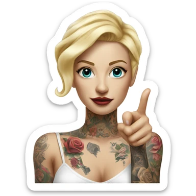 Blonde elegant women, her Body Covered with Tattoos, POINTING YOU with her HAND , Hyper realistic sticker