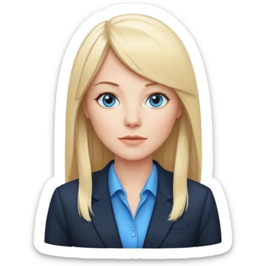 40 yr old white woman, pale skin, long straight blond hair parted in center, blue eyes, bangs, dress clothes for work sticker