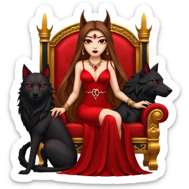 Caramel skin toned Lilith symbol seductress evil brown straight long hair haired, sexy succubus woman with red and black Chanel dress sitting on a Black and gold throne. A large black wolf laying beside he sticker