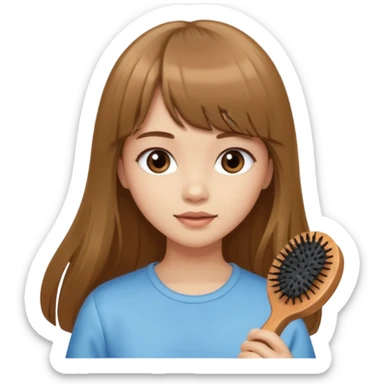 a girl with light skin and medium brown long hair with bangs who is brushing her hair with a hairbrush sticker