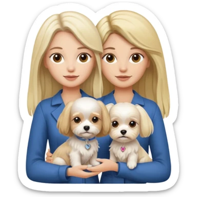 two women are holding only one Maltese dog. one woman is brunette the other woman is blonde long haired  sticker