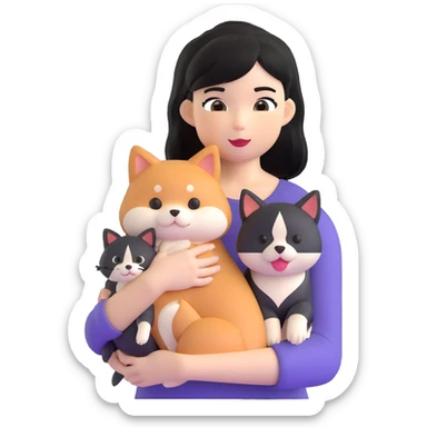 girl with black shoulder-length hair wearing a black tight-fitting top with a calico cat with white mouth and a shiba inu dog sticker