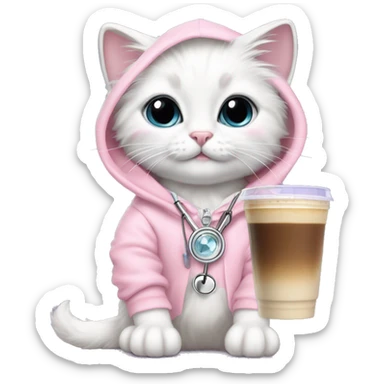 White rag doll kitten wearing a fancy light pink hoodie and a diamond filled stethoscope necklace with iced coffee  sticker
