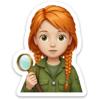 braid orange haired girl kid in moss green explorer outfit, holding magnifying glass sticker