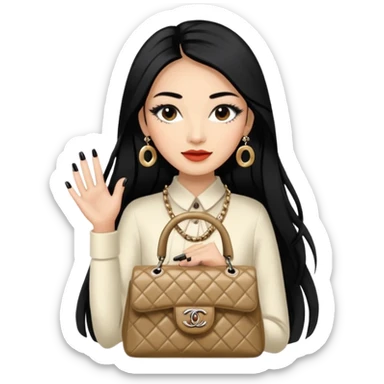 on est à Dubaï une chinoise avec des très très très beaux ongles et des très très très long  faux cils avec des sacs Chanel et un vêtement Chanel sticker