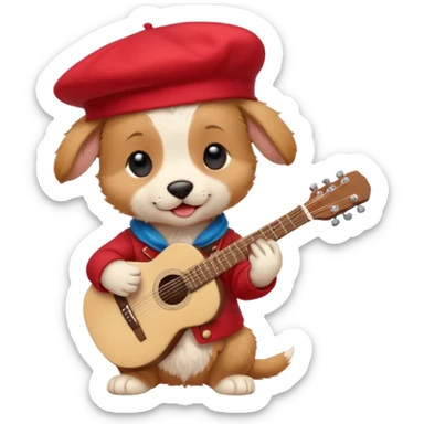 Steampunk:a very cute and adorable anthropomorphic puppy with a red beret is playing an acoustic guitar sticker