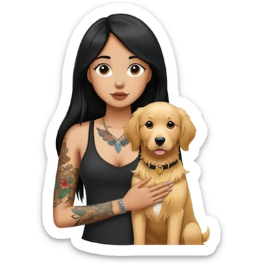 brown girl with long black  straight hair with  tattoos on the chest and  a golden retriever sticker