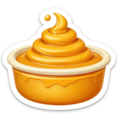 small swirl or dollop of rich yellow-orange sauce with creamy velvety texture, warm golden tones, glossy surface with subtle ridges and soft peaks, suggesting depth and spice, soft lighting, subtle shadows, emoji scale sticker
