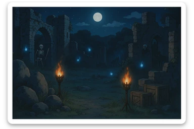 midnight within the ruins of abandoned castle yard, protrude boulders, amid iron torches and crates tucked behind, skeleton warriors, wisps, and wolves linger just in the edge of view behind scenery, very subtly, appearing safe with hidden threat sticker