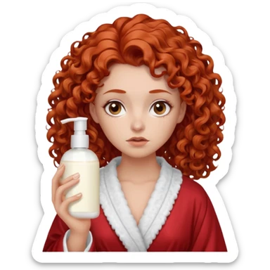 Cartoon emoji of a girl with voluminous curly red hair, fair skin, brown eyes. Wearing a chic milky silk robe with long sleeves, no makeup. Portrait mode, holding 2 moisterizers or different skin care products, looking super doubtful twisted and unsure. she is miserab;e sticker