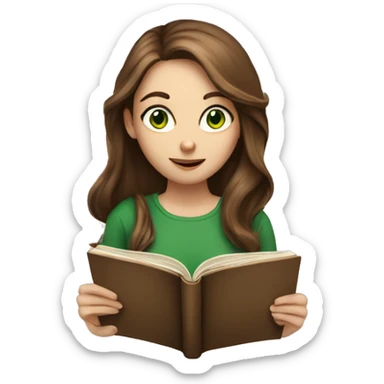 A girl with green eyes, long brown hair and fair skin reading book sticker