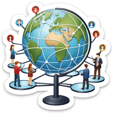 An icon featuring a group of people, a network diagram, and a magnifying glass, symbolizing sociology. The design includes a globe and interconnected lines, representing social structures and relationships. Transparent background highlights the study of societies and human behavior. sticker
