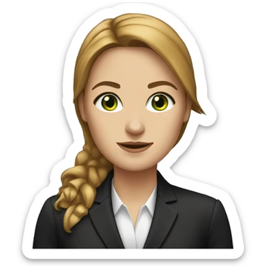 executive woman, long straight golden brown hair, green eyes, black suit sticker