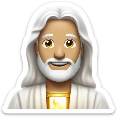 Jesus smiling with flame emojis over his eyes and white hair and white beard. White robe and simple golden sash sticker