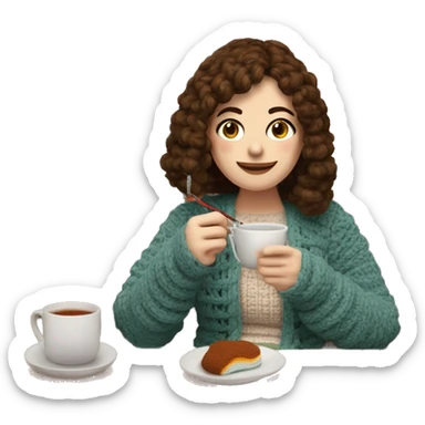 26 year old white woman with brown hair and curtain bangs. She is crocheting with a crochet hook and yarn,  a cardigan. She is sat on a couch with a blanket on her. Near her there is a cup of tea On a table sticker