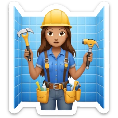 beautiful girl with long brown hair constructing new bathroom area with new shower and amenities  sticker