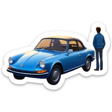 A parked blue car sits quietly on the side of an open road, facing a breathtaking sunset. Two people stand outside, backs turned, watching the horizon. The road stretches endlessly ahead, surrounded by a peaceful, glowing landscape full of light, warmth, and possibilit sticker