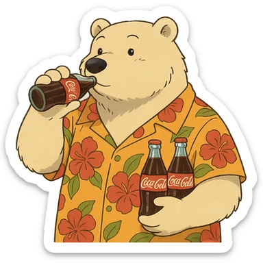 ghibli style polar bear in a Hawaiian shirt with Coke bottles, drinking Coca-Cola sticker